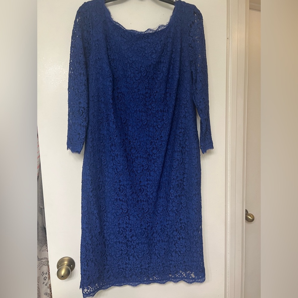Adrianna Papell Lace Scallop Sheath Dress 3/4 Sleeve Zipper Back Size 14W